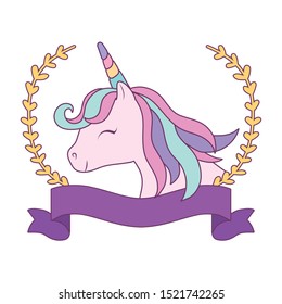head of cute unicorn with ribbon and branches of leafs vector illustration design