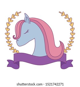 head of cute unicorn with ribbon and branches of leafs vector illustration design