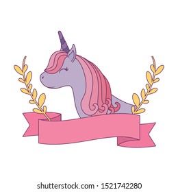 head of cute unicorn with ribbon and branches of leafs vector illustration design