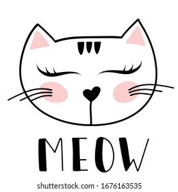 Head of cute white cat with hand lettering word Meow on white background. Vector illustration.