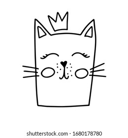 Head of cute white with crown on white background. Vector illustration for tshirt print.