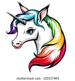 Head of cute white unicorn with rainbow mane isolated on white