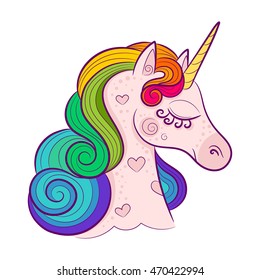 Head of cute white unicorn with rainbow mane isolated on white background. Vector illustration