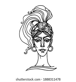 head of a cute young gypsy woman in a checkered hat, scarf and earrings, avatar, vector illustration with black contour lines isolated on a white background in a hand drawn style