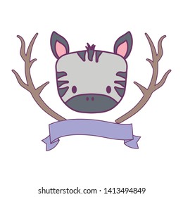 head of cute zebra with tree branches and ribbon