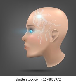 The head of a cyborg or an anthropoid robot. Concept: humanoid robots, artificial intelligence, science fiction