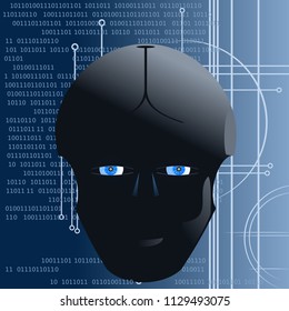The head of a cyborg, a robot on a blue background with running numbers. Fiction, technology.
