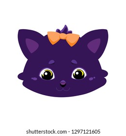 The head of a dark-colored cat with an orange bow on his head. Color image of a pet. Vector illustration for design, print on t-shirt, bag, notebook, card.