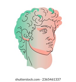 Head of David sculpture isolated on white background. Decorative portrait with color gradient and outline. Hand drawn Vector illustration.