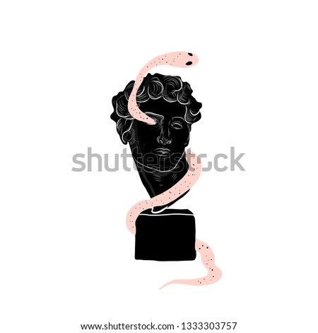 Head of David with snake. Greek statue. Marble sculpture. Linear sketching of head. Surreal modern art. 