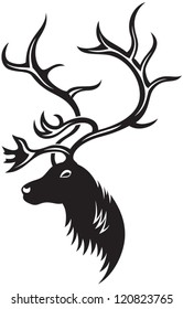 Head of deer with big antler, black and white style