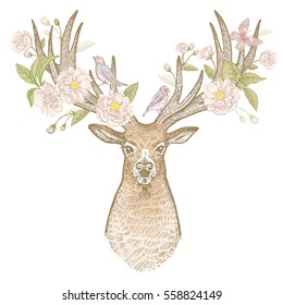 Head of deer with big horns full face and flowers, branches and leaves of a flowering plum tree. Symbol of spring. Isolated on white background. Vector art hand drawing illustration. Vintage engraving