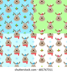 Head deer cartoon christmas seamless pattern set