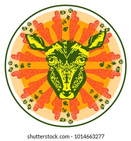 The head of a deer in a circle, decorative horns, a round ornament, a mandala. Vector illustration