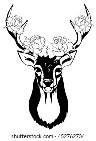 Head of deer with decorative roses on his antlers. Black and white vector deer silhouette.