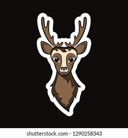 Head of a deer. Drawing on a black background. Vector illustration sticker.