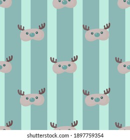 Head deer gray with dark horns color geometric seamless pattern on striped light blue background. Children graphic design element for different purposes. Flat vector illustration.