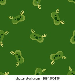 Head deer green chaotic seamless pattern on bright olive background. Children graphic design element for different purposes. Flat vector illustration.