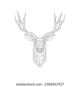 Head Deer with Horn. Low poly model design. Vector illustration. Low poly art of a deer in black color wireframe. Vector animal triangle geometric illustration. Abstract polygonal art. With white colo