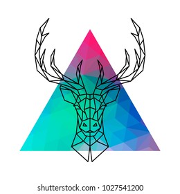 Head of a deer with horns in geometric style against a multicolored triangle. Vector illustration.