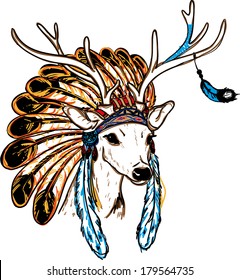 head of deer with indian chief feather headwear, cartoon style, outlines