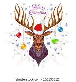The head of a deer with large horns decorated with Christmas balls. Merry Christmas poster.