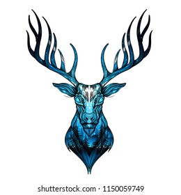 Head of a deer with a night forest landscape. Vector illustration for print on t-shirts, tattoos and much more.
