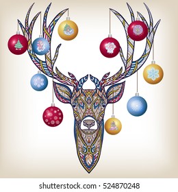 The head of a deer on New Year's balls on the horns. Stock line vector illustration.