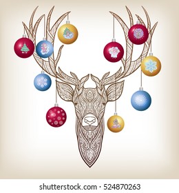 The head of a deer on New Year's balls on the horns. Stock line vector illustration.
