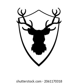 Head Of Deer On Shield. Knight Coat Of Arms With Stag. Black Silhouette Of Horned Animal. Heraldic Symbol
