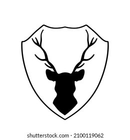 Head Of Deer On Shield. Knight Coat Of Arms With Stag. Black Silhouette Of Horned Animal. Heraldic Symbol