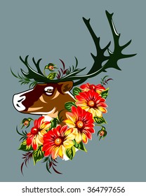 The head of a deer in red blooming flowers