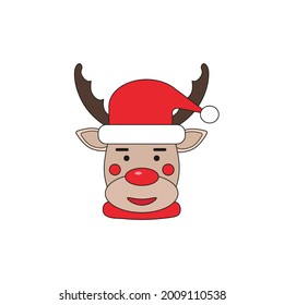 The head of a deer in a red Christmas hat. Cute cartoon deer for greeting cards, greetings and invitations for the new year and Christmas