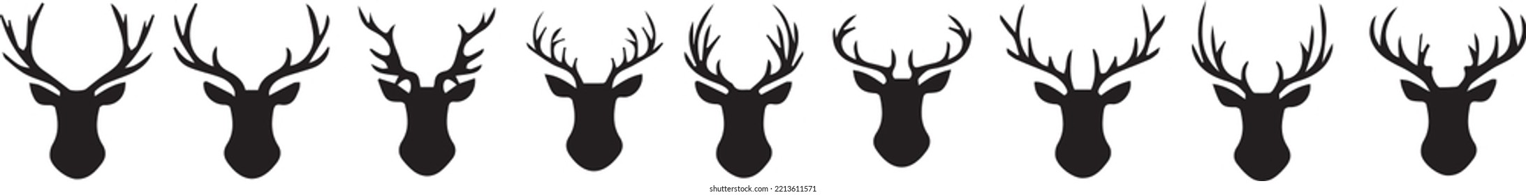The head of a deer. Set of different deer horns on a white background. Vector graphics in a flat style on a transparent background for web sites