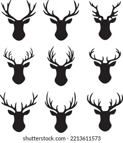 The head of a deer. Set of different deer horns on a white background. Vector graphics in a flat style on a transparent background for web sites