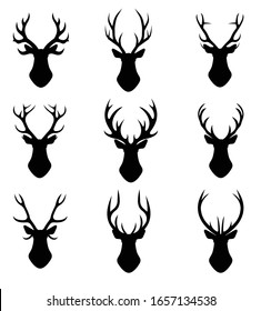 The head of a deer. Set of nine different deer horns on a white background. Vector graphics in a flat style on a transparent background for web sites