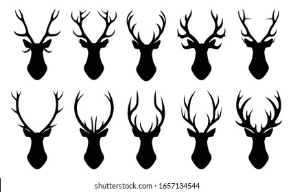 The head of a deer. Set of ten different deer horns on a white background. Vector graphics in a flat style on a transparent background for web sites