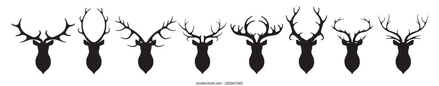 Head of deer silhouettes vector. Deer antlers vector set. Silhouette of the horns of a wild elk, roe deer on a white background. Hand drawn silhouettes of hunting trophies.