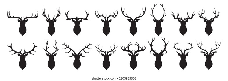 Head of deer silhouettes vector. Deer antlers vector set. Silhouette of the horns of a wild elk, roe deer on a white background. Hand drawn silhouettes of hunting trophies.