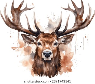 head of deer watercolor vector illustration,elk head with big horns	
