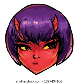 the head of a demon girl with purple hair and horns