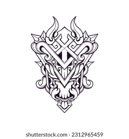 Head Demon Warrior Shield Illustration for merchandise, apparel or other