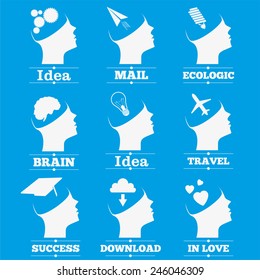 Head design icons set of different concepts of imagination and ideas. vintage background vector illustration
