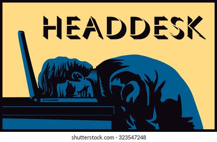 Head desk! Stressed businessman banging head against desk in frustration vector illustration, burnout, dead end