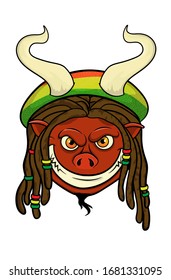 head of the devil with dreadlocks and in a rastaman hat.isolated on a white background.Vector stock illustration