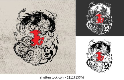 head devil fighter with tiger vector black and white