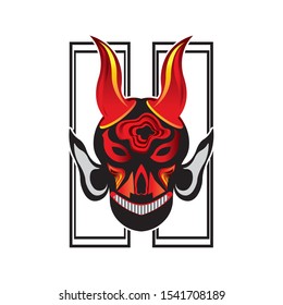 Head Devil Skull on Red Fire Vector Illustration
