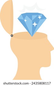 Head and diamond, excellence concept, self esteem and confidence, talent or potential, big head with diamond filling, vector flat illustration