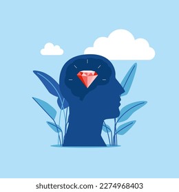 Head and diamond, self esteem and confidence. Modern vector illustration in flat style