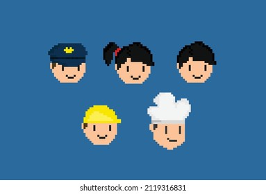 head with different job in pixel art style